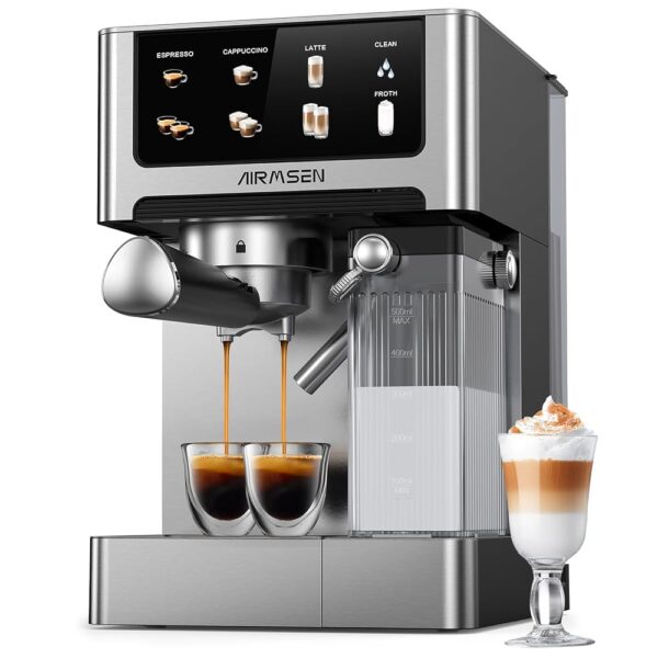 AIRMSEN Espresso and Cappuccino Machine - 20 Bar Dual Boiler Latte Machines with Automatic Milk Frother - 3 in 1 Coffee Maker with LED Touch Control - Stainless Steel, Silver