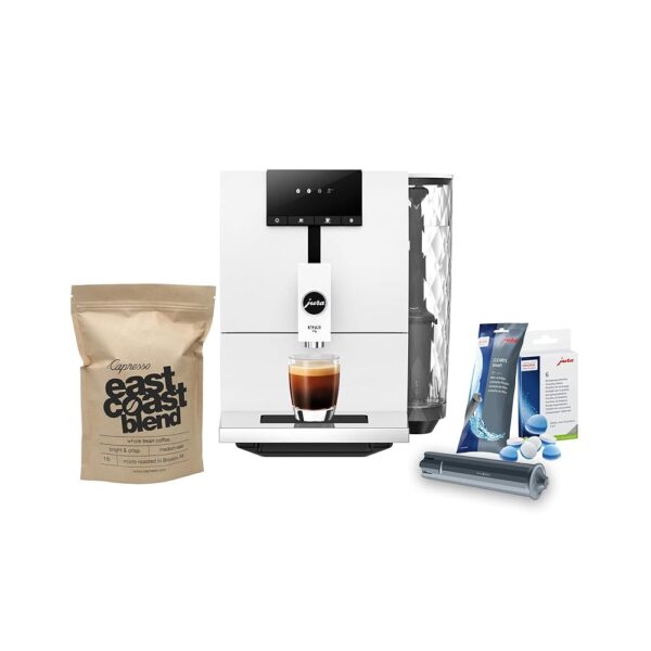 Jura ENA 4 Automatic Espresso Machine (Nordic White) with CLEARYL Smart+ Water Filtration, 6 Cleaning Tablets and East Coast Blend Whole Bean Coffee (4 Items)