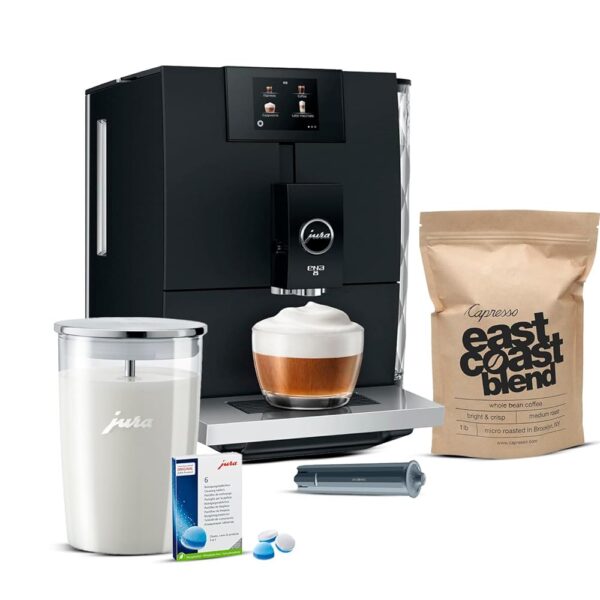 Jura ENA 8 Automatic Espresso Machine (Full Metropolitan Black) Bundle Glass Milk Container, Water Stabilizer, 1-Pound Whole Bean Coffee Cleaning Tablets (5 Items)