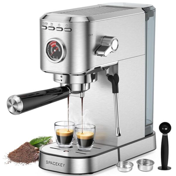 Spacekey Espresso Machine 20 Bar, Professional 1350W Espresso Maker with Milk Frother, Compact Stainless Steel Cappuccino & Latte & Americano Maker with 39oz Removable Water...
