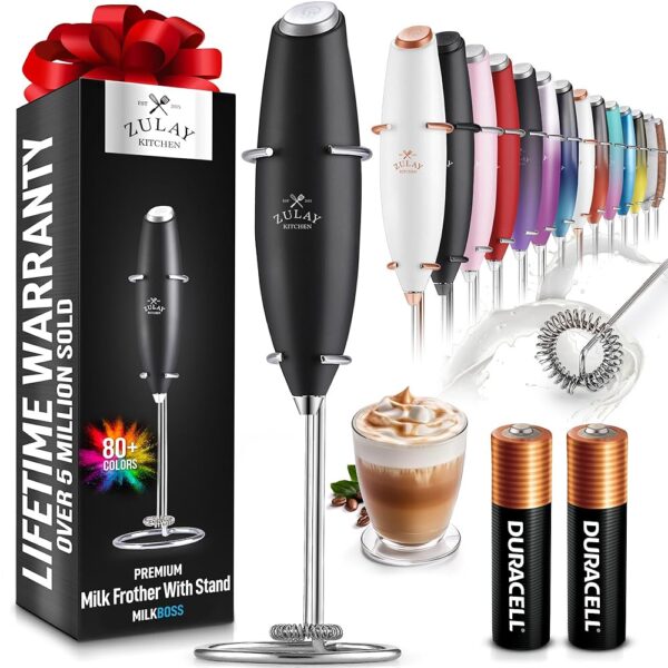 Zulay Kitchen Powerful Milk Frother Wand With 2 Duracell Batteries - Ultra Fast Handheld Drink Mixer - Electric Whisk Foam Maker for Coffee, Lattes, Cappuccino, Matcha, Hot...