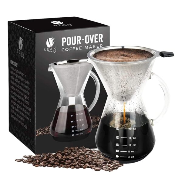Bean Envy Pour Over Coffee Maker - 5 Cup Borosilicate Glass Carafe - Rust Resistant Stainless Steel Paperless Filter/Dripper - Includes Custom Silicone Sleeve Bean Envy Pour Over Coffee Maker - 5 Cup Borosilicate Glass Carafe - Rust Resistant Stainless Steel Paperless Filter/Dripper - Includes Custom Silicone Sleeve