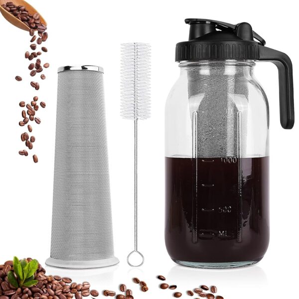 Cold Brew Coffee Maker,64 oz Mason Jar Pitcher with Stainless Steel Filter, Pour Spout Handle Lid, Heavy Duty Glass Airtight & Leak-Proof Pitcher for iced coffee Tea Lemonade