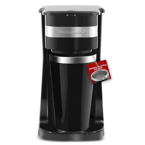 Elite Gourmet EHC113 Personal Single-Serve Compact Coffee Maker Brewer Includes 14Oz. Stainless Steel Interior Thermal Travel Mug, Compatible with Coffee Grounds, Reusable...