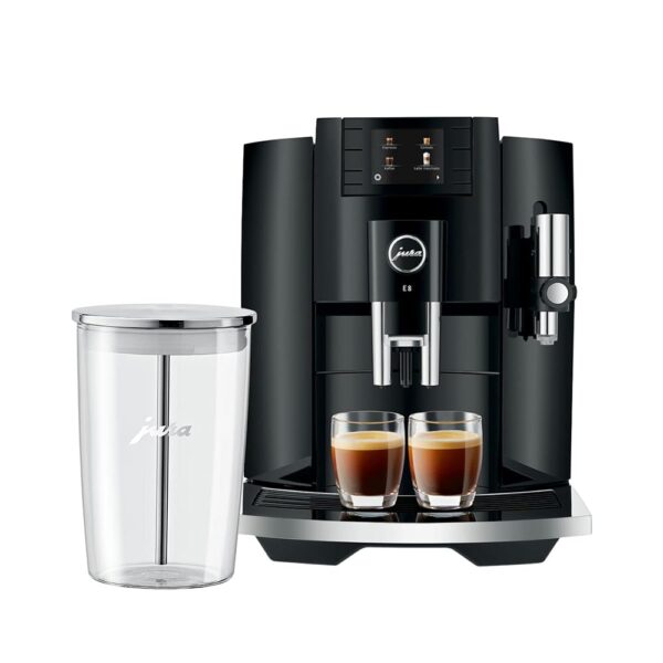 Jura E8 5th Gen Automatic Coffee Machine (Piano Black) Stainless Steel Espresso Machine, Powerful Blending Features Bundle with Glass Milk Container (2 Items)