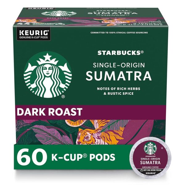 Starbucks K-Cup Coffee Pods, Dark Roast Coffee, Sumatra for Keurig Brewers, 100% Arabica, 6 boxes (60 pods total) Starbucks K-Cup Coffee Pods, Dark Roast Coffee, Sumatra for Keurig Brewers, 100% Arabica, 6 boxes (60 pods total)