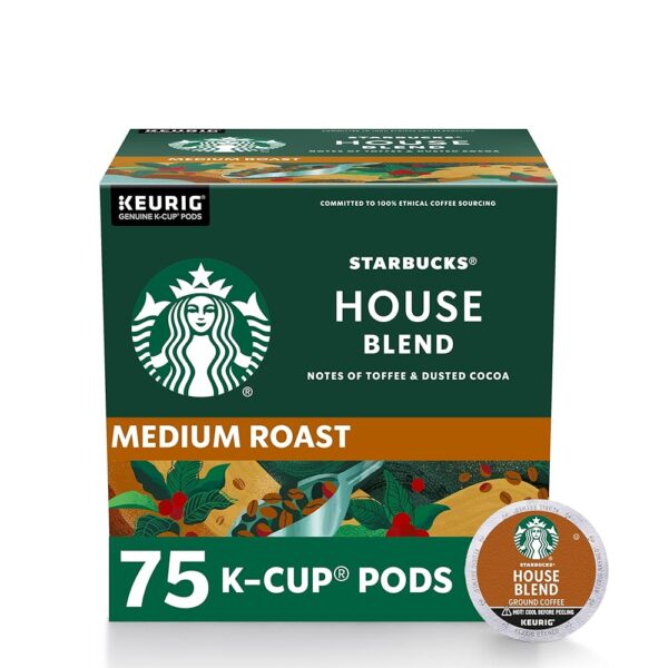 Starbucks K-Cup Coffee Pods, Medium Roast, House Blend for Keurig Coffee Makers, 100% Arabica, 1 Box (75 Pods)