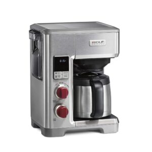 WOLF GOURMET Programmable Coffee Maker System with 10 Cup Thermal Carafe, Built-In Grounds Scale, Removable Reservoir, Red Knob, Stainless Steel (WGCM100S) WOLF GOURMET Programmable Coffee Maker System with 10 Cup Thermal Carafe, Built-In Grounds Scale, Removable Reservoir, Red Knob, Stainless Steel (WGCM100S)